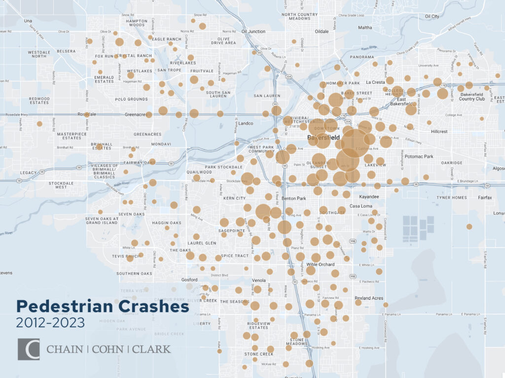 Location of pedestrian crashes in CA on a map